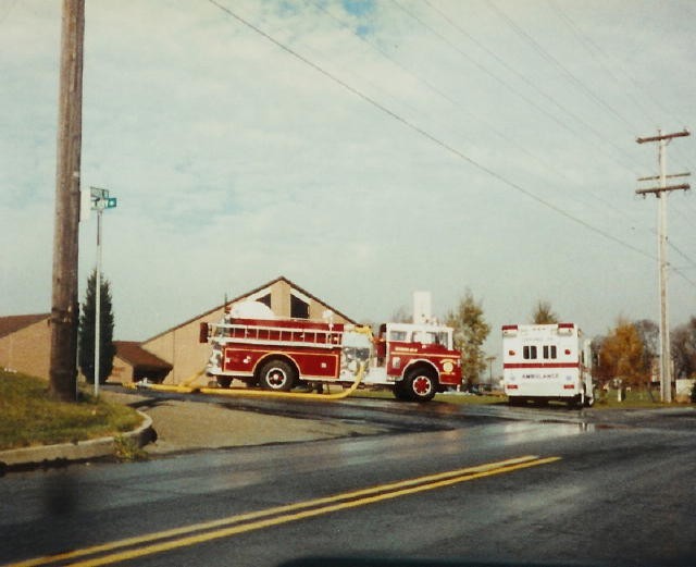 Engine 21-2 filling Tankers off of a hydrant at the Sacred Heart Church at Route 10 and Church Road in 1991.