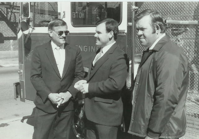 State Representative Art Hershey, President Larry Groseclose, and Chief Jim Prettyman during a ceremony for Engine 21-1 in 1985.