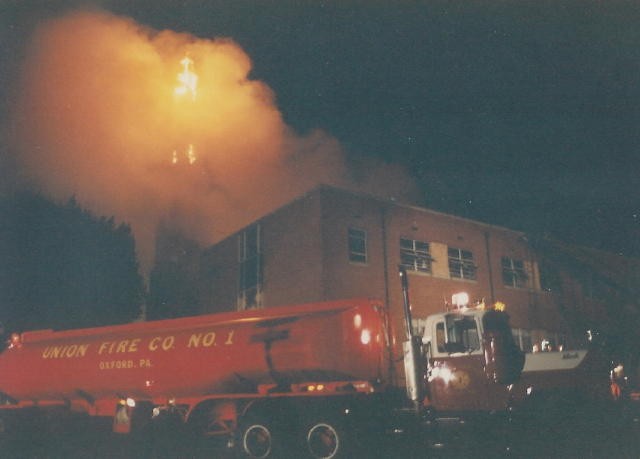 Route 472 view of the Presbyterian Church fire in 1989.