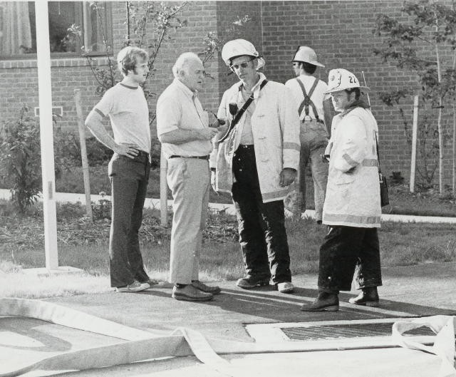 Chief Rich Terry and West Grove Chief &quot;Reds&quot; Hammond discuss the Oxford Manor Nursing Home Drill with Oxford's Mayor John Roberts and Administrator Steve Proctor.