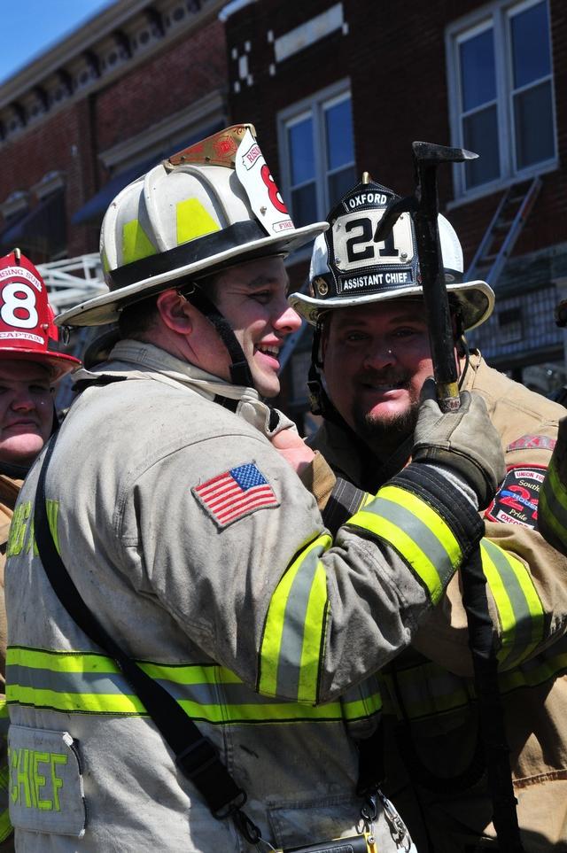 Assistant Chief Sam Terry and Rising Sun Fire Chief Matt Blakeley sharing a laugh.