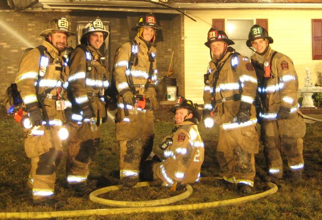 (L-R) Assistant Chief Bob Prettyman, Lieutenant Brian Slauch, Firefighter Win Slauch, Hoseman Matt Groseclose, Firefighter Chris Obenchain, and Firefighter Craig Anderson at a West Grove house fire.